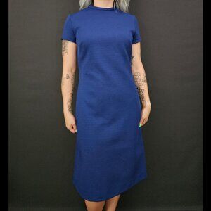 60s Navy Blue Textured Polyester Knit Short Sleeve Dress